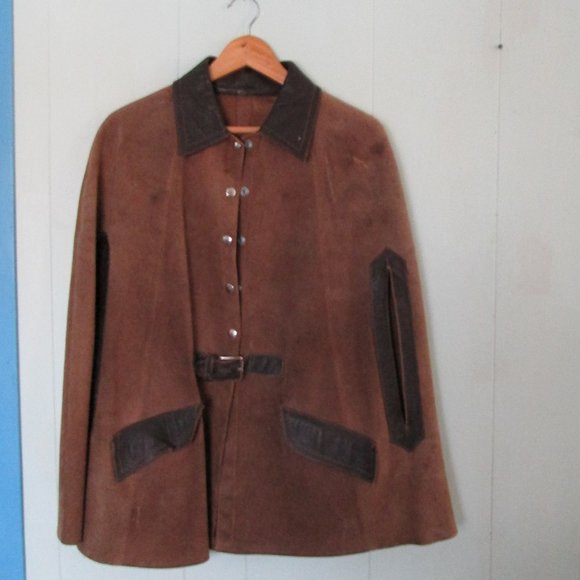 Vintage 2 Tone Brown Leather Suede Belted Poncho Cape - Picture 1 of 9